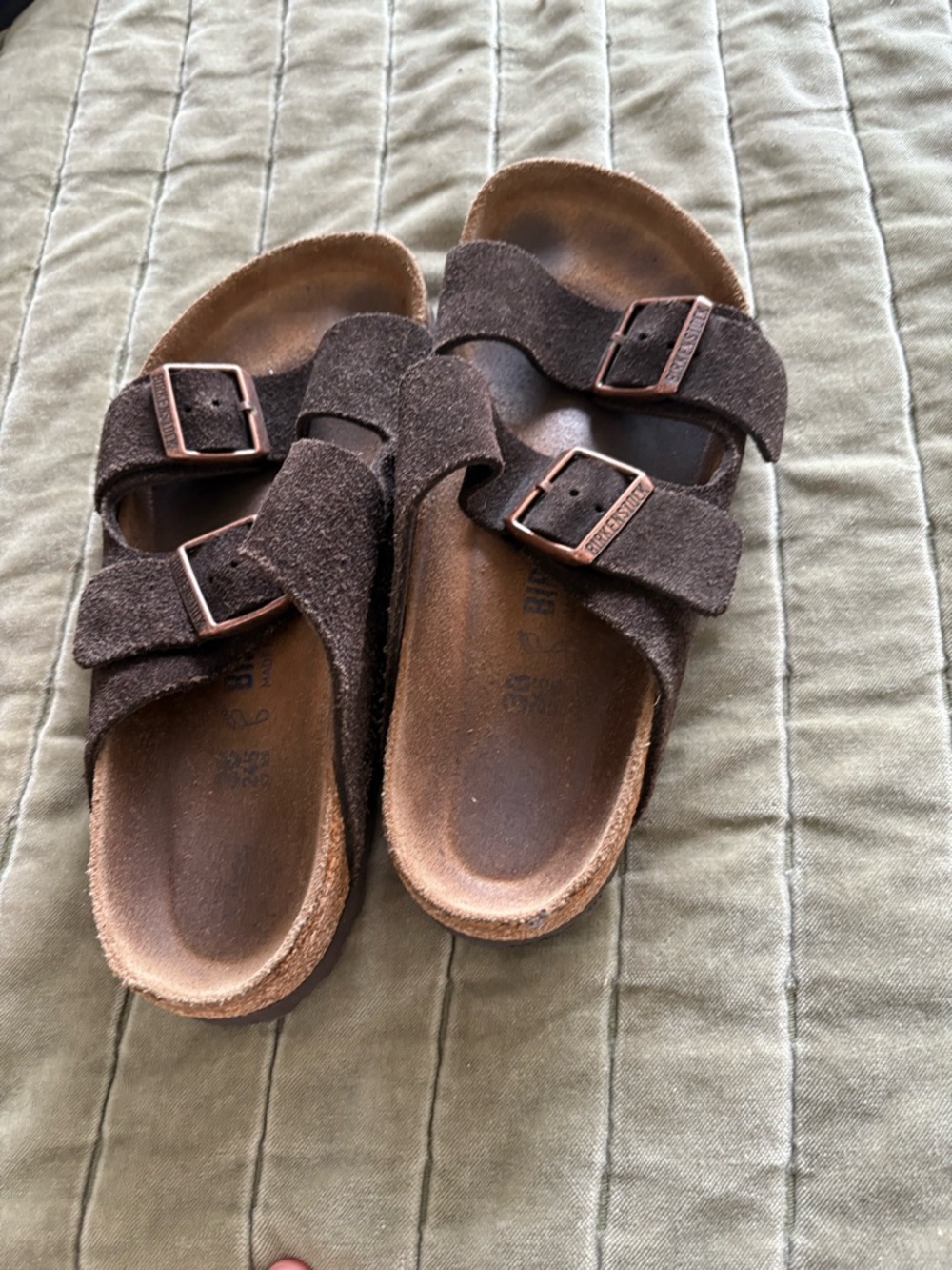 Birkenstock Brown Suede Two‑Strap Sandals with Copper Buckles
